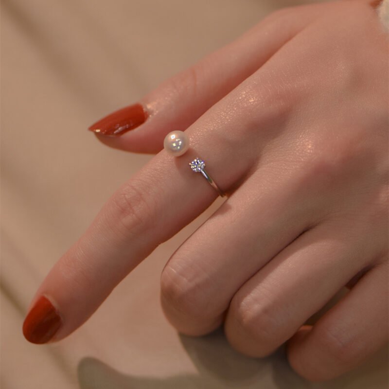S925 Silver Freshwater Pearl Zircon Adjustable Ring