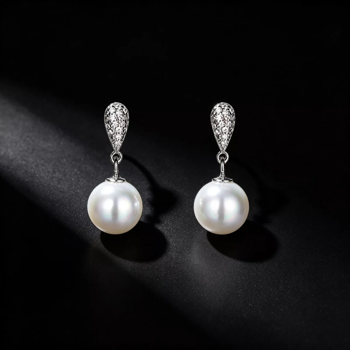 S925 Silver CZ Paved Shell Pearl Drop Earrings