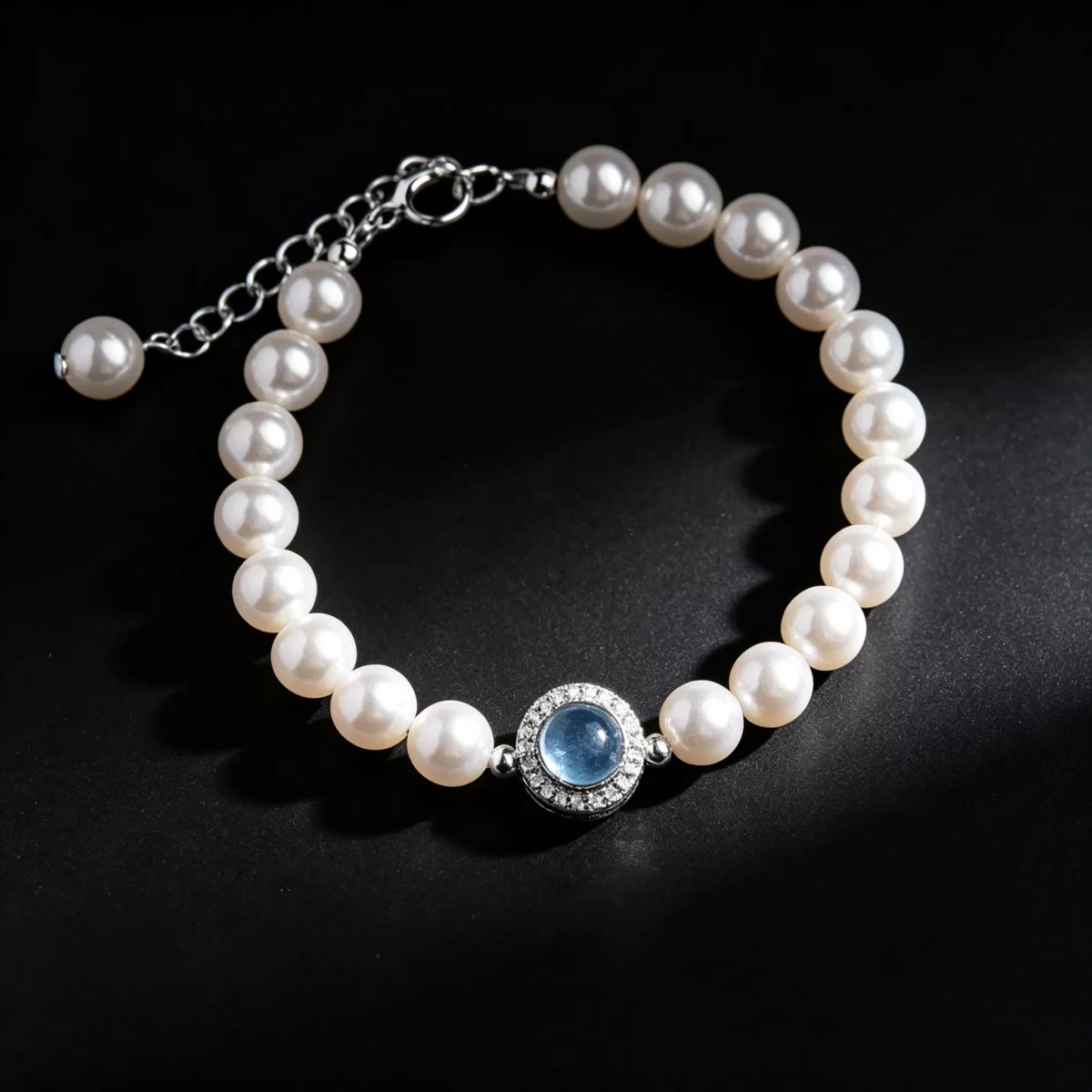 S925 Silver Pearl Blue Aquamarine Charm Bracelet