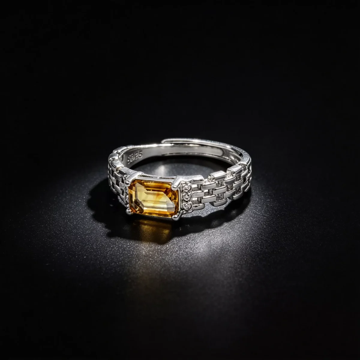 S925 Open‑Band Natural Citrine Chain‑Link Ring