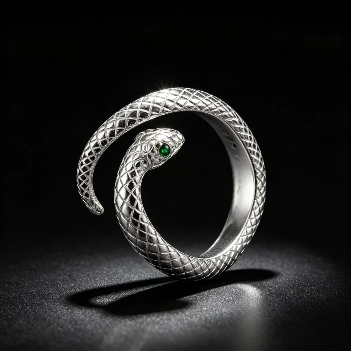 S999 Silver Open Snake Ring With Green Zircon