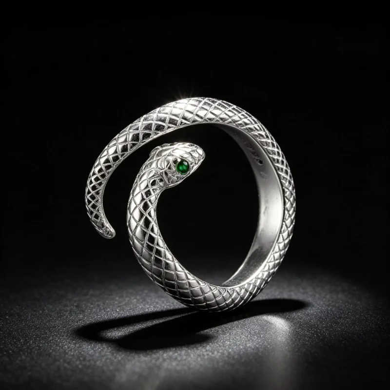 S999 Silver Open Snake Ring With Green Zircon