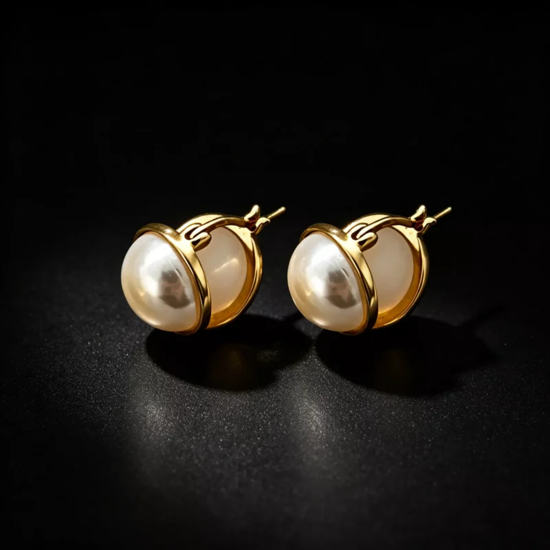 Gold‑Plated S925 Silver Half‑Pearl Huggie Earrings