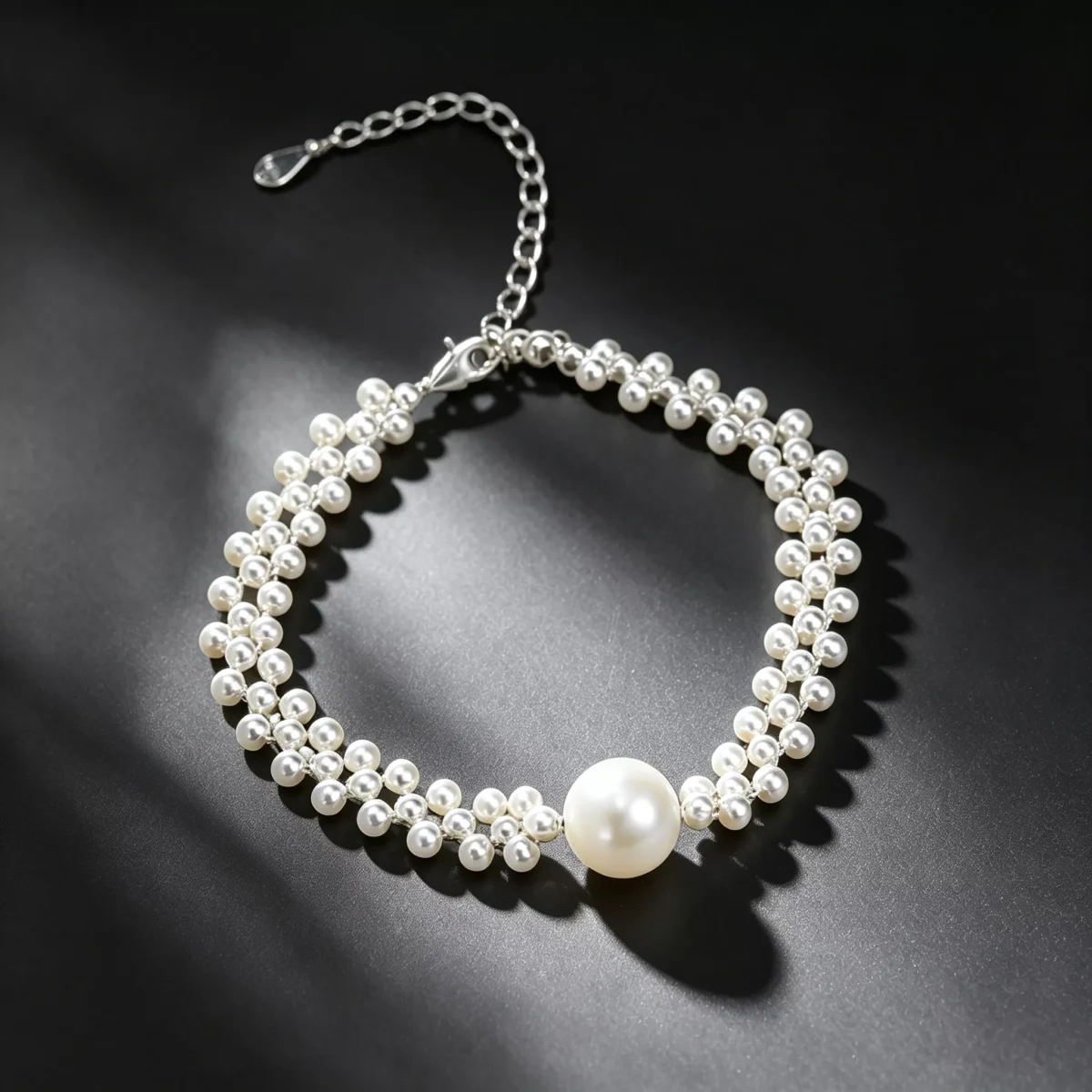S925 Silver Woven Bead Bracelet with Large Simulated Pearl