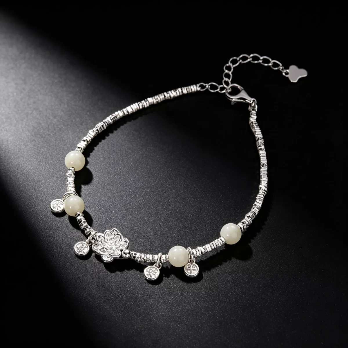 S925 Silver Hetian Jade Lotus Charm Bracelet
