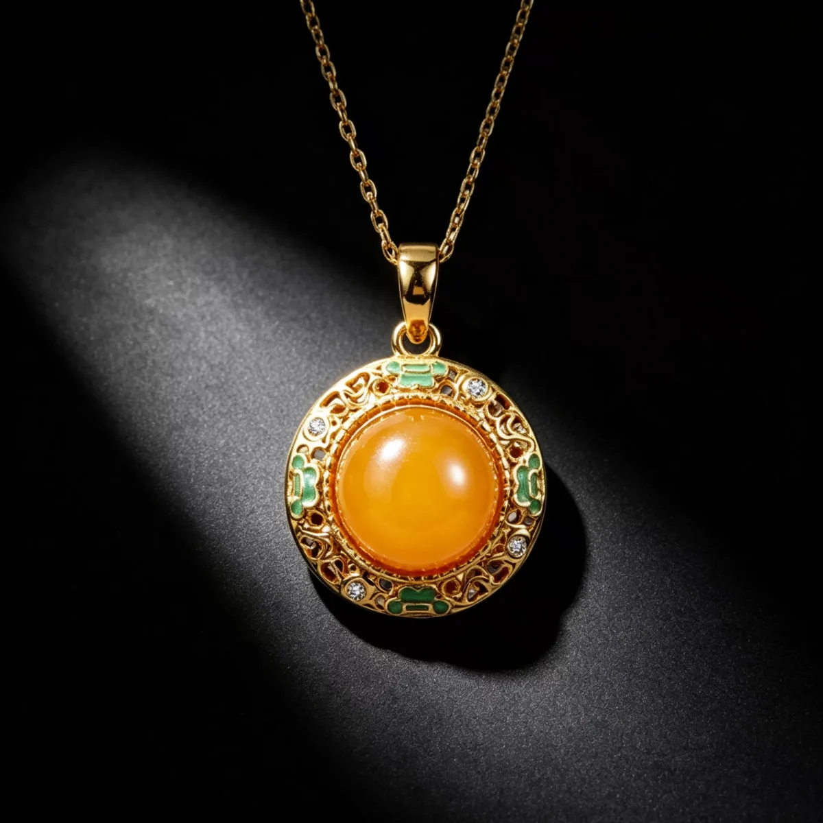 S925 Natural Amber Enamel Hollow Zircon Necklace