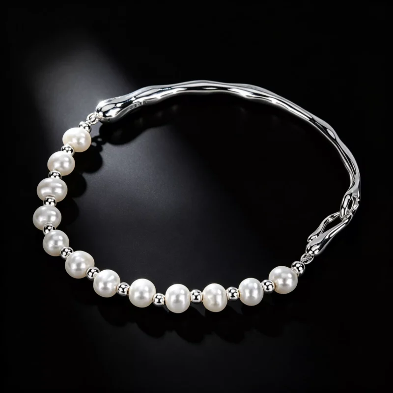 S925 Silver Freshwater Pearl Half‑Bangle Bracelet