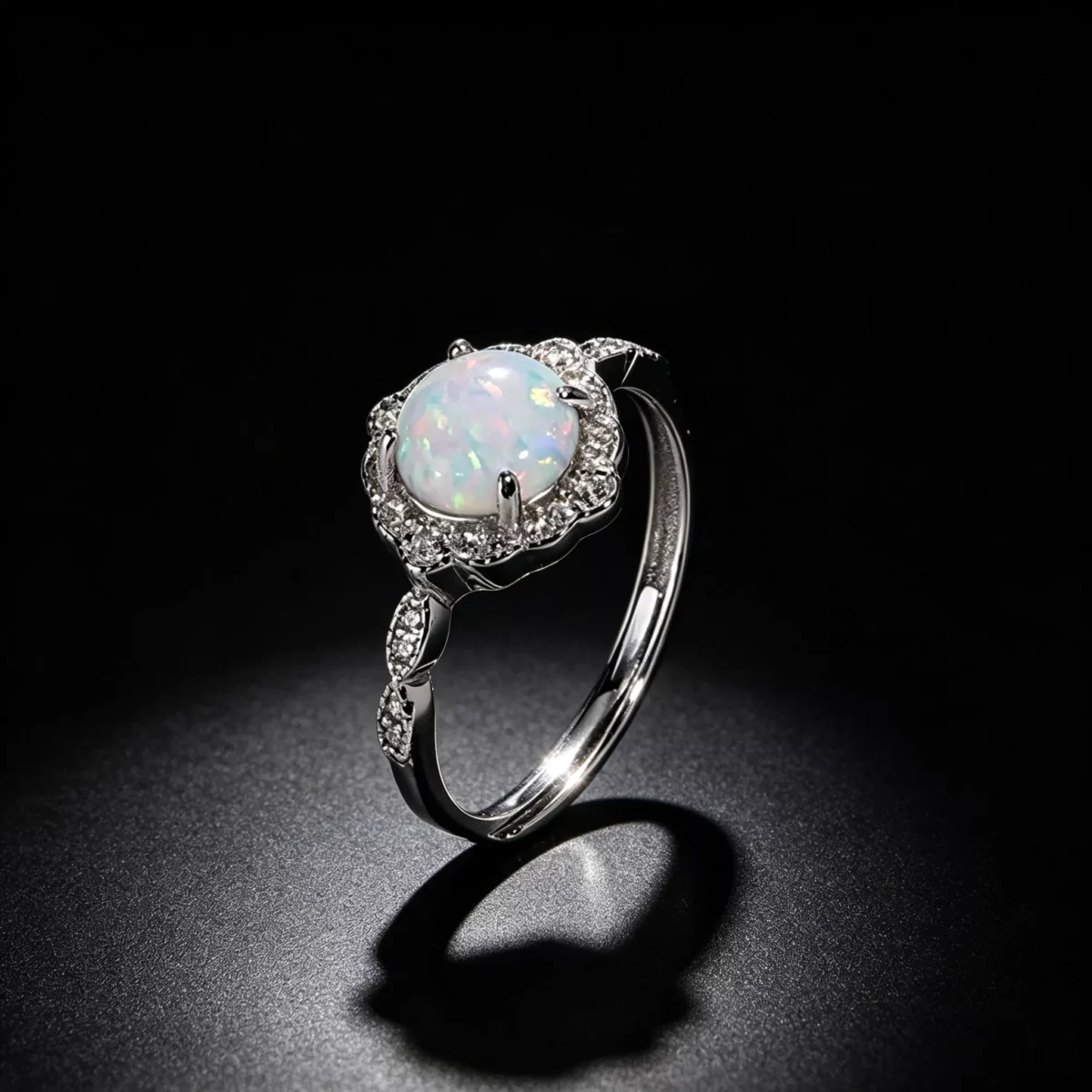 S925 Silver Synthetic Opal Halo Adjustable Ring