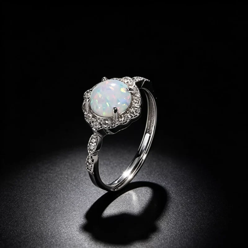 S925 Silver Synthetic Opal Halo Adjustable Ring