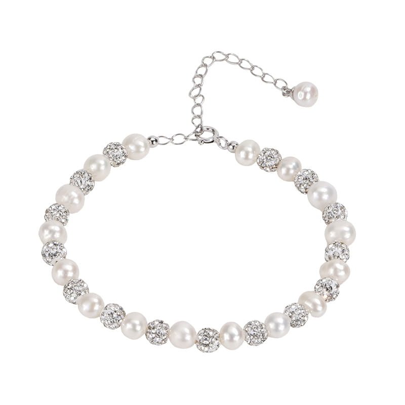 S925 Sterling Silver Natural Pearl Crystal Ball Bracelet