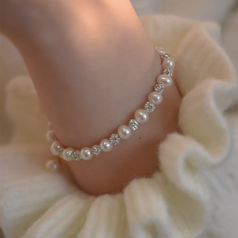 S925 Sterling Silver Natural Pearl Crystal Ball Bracelet
