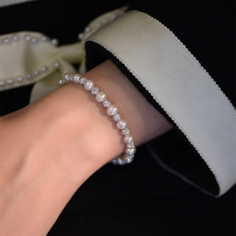 S925 Sterling Silver Natural Pearl Crystal Ball Bracelet