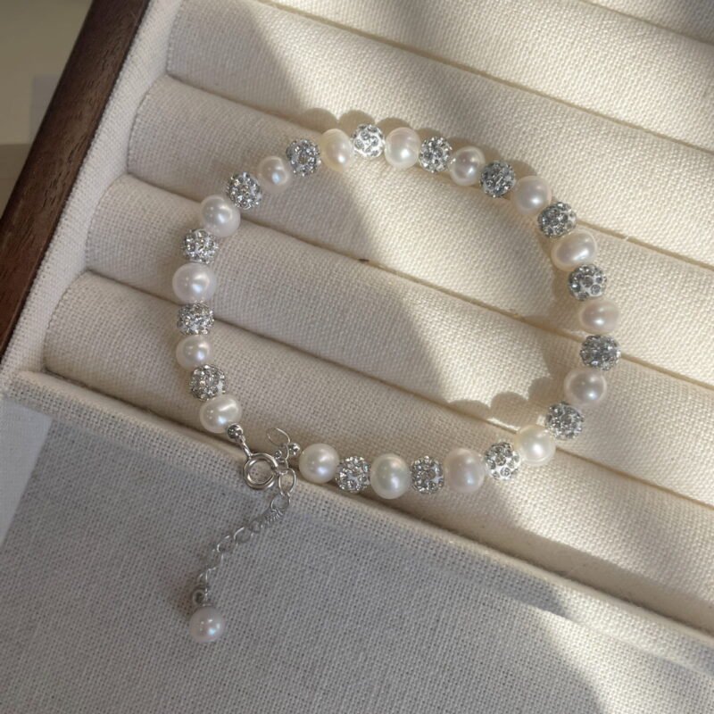 S925 Sterling Silver Natural Pearl Crystal Ball Bracelet