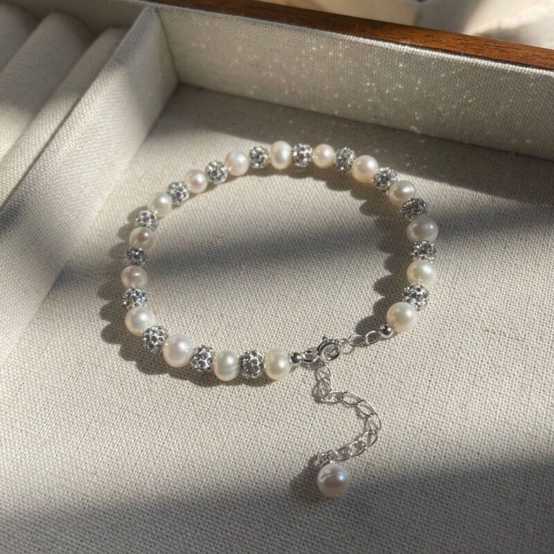 S925 Sterling Silver Natural Pearl Crystal Ball Bracelet