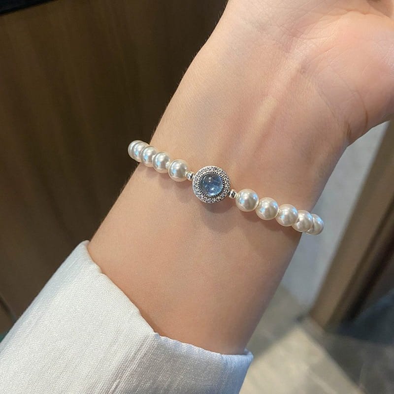 S925 Silver Pearl Blue Aquamarine Charm Bracelet