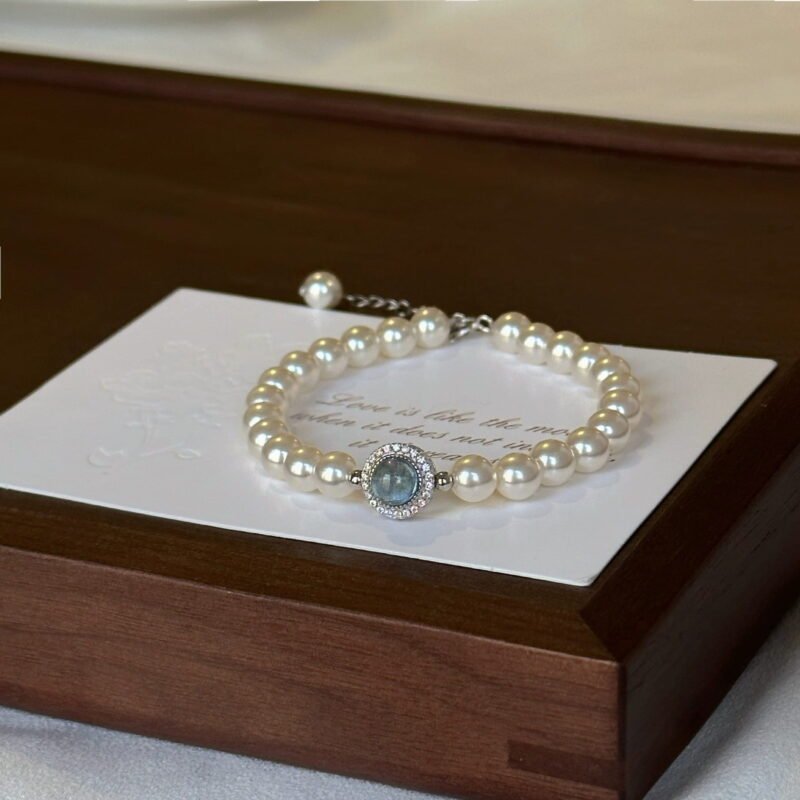 S925 Silver Pearl Blue Aquamarine Charm Bracelet