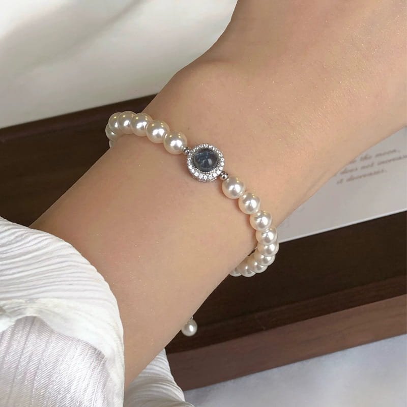 S925 Silver Pearl Blue Aquamarine Charm Bracelet