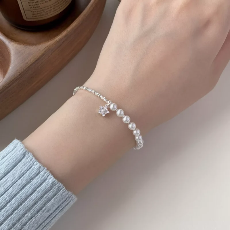 S925 Silver Chip Bead Pearl Star CZ Bracelet