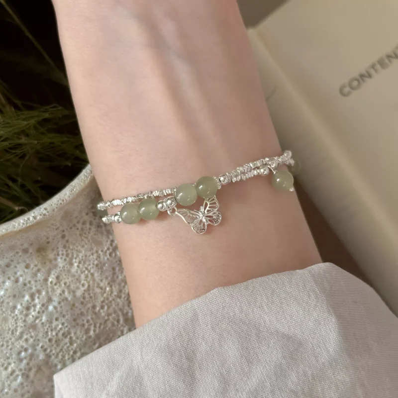 S925 Silver Double‑Strand Hetian Jade Butterfly Bracelet