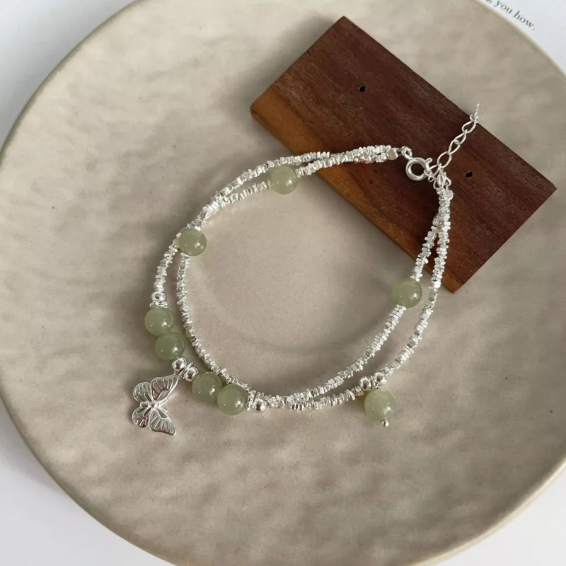 S925 Silver Double‑Strand Hetian Jade Butterfly Bracelet