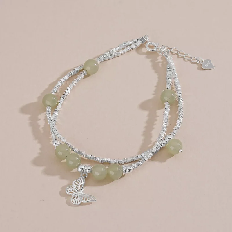 S925 Silver Double‑Strand Hetian Jade Butterfly Bracelet