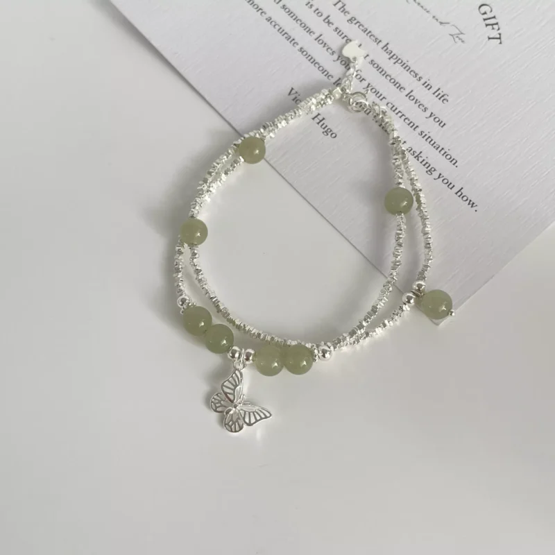 S925 Silver Double‑Strand Hetian Jade Butterfly Bracelet