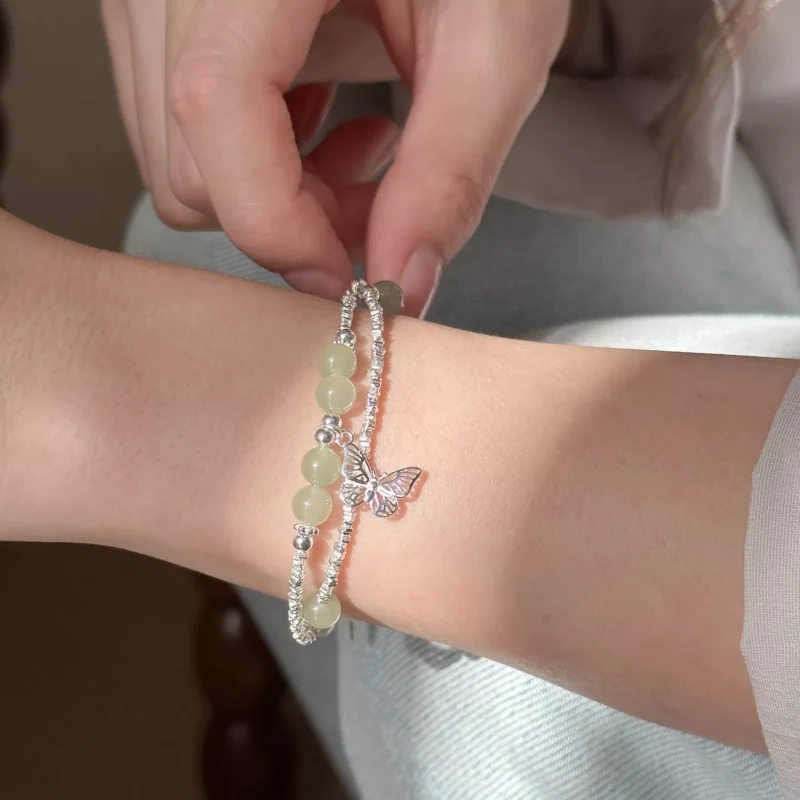 S925 Silver Double‑Strand Hetian Jade Butterfly Bracelet