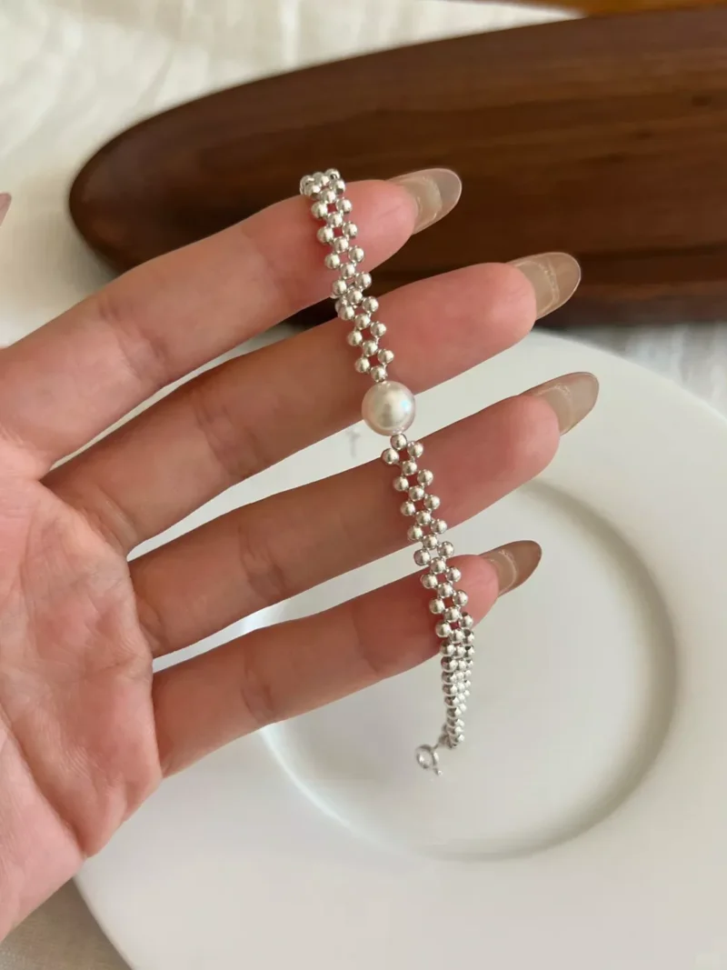 S925 Silver Woven Bead Bracelet with Large Simulated Pearl