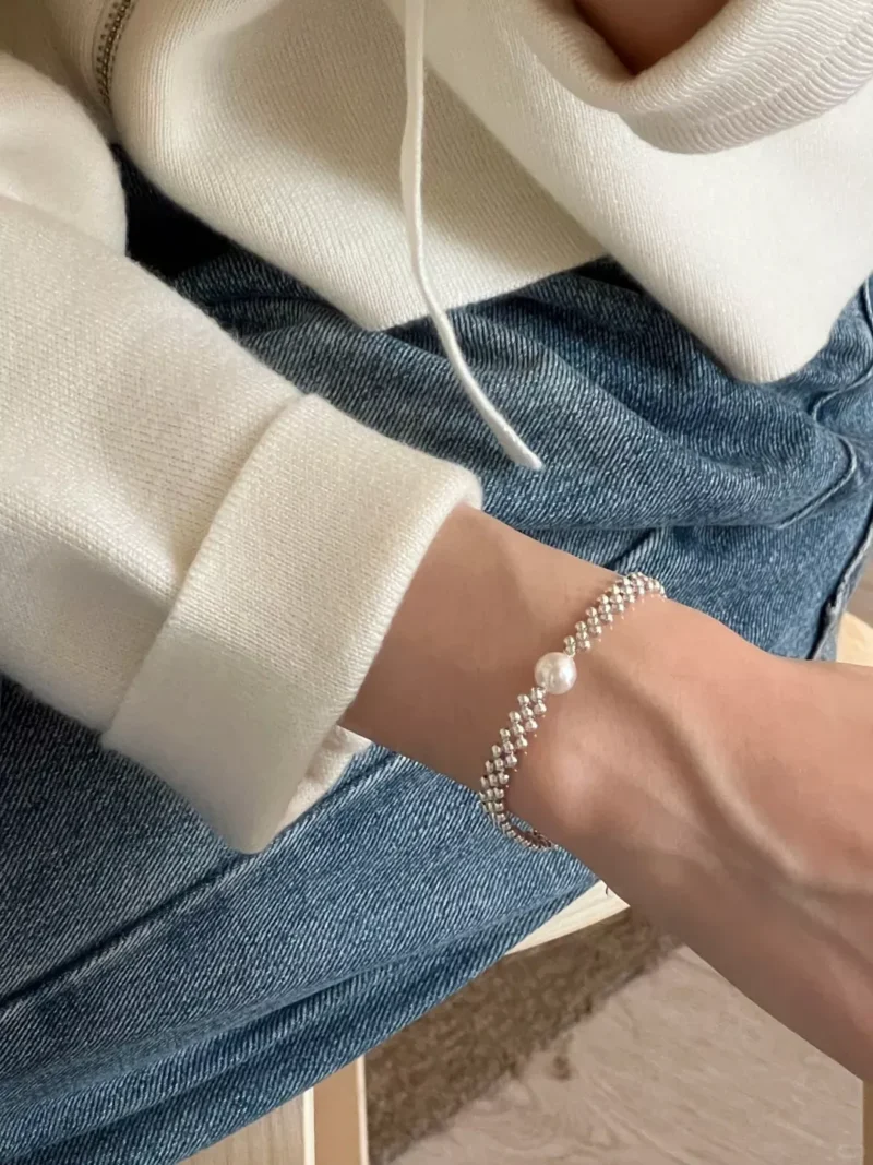 S925 Silver Woven Bead Bracelet with Large Simulated Pearl