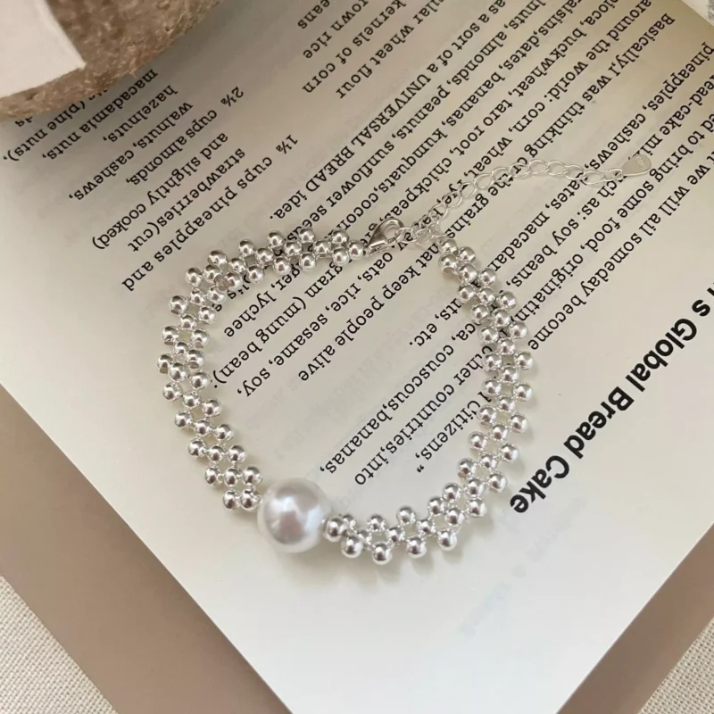 S925 Silver Woven Bead Bracelet with Large Simulated Pearl