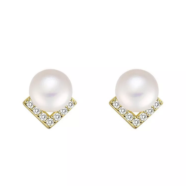 S925 Silver V-Shaped Zirconia Pearl Stud Earrings
