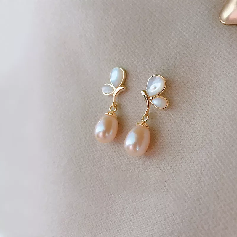S925 Silver Butterfly Shell Pearl Drop Earrings