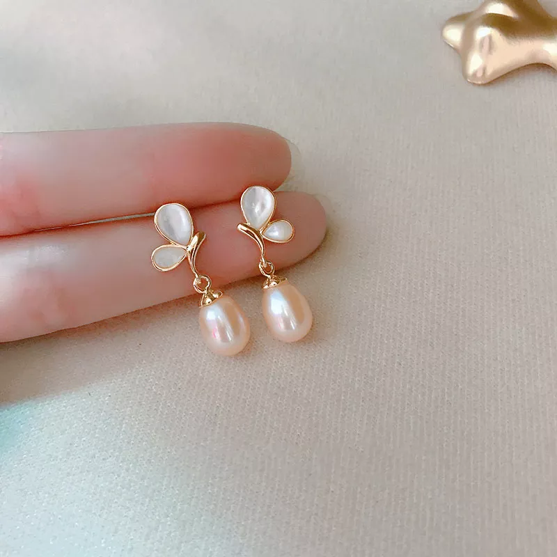 S925 Silver Butterfly Shell Pearl Drop Earrings