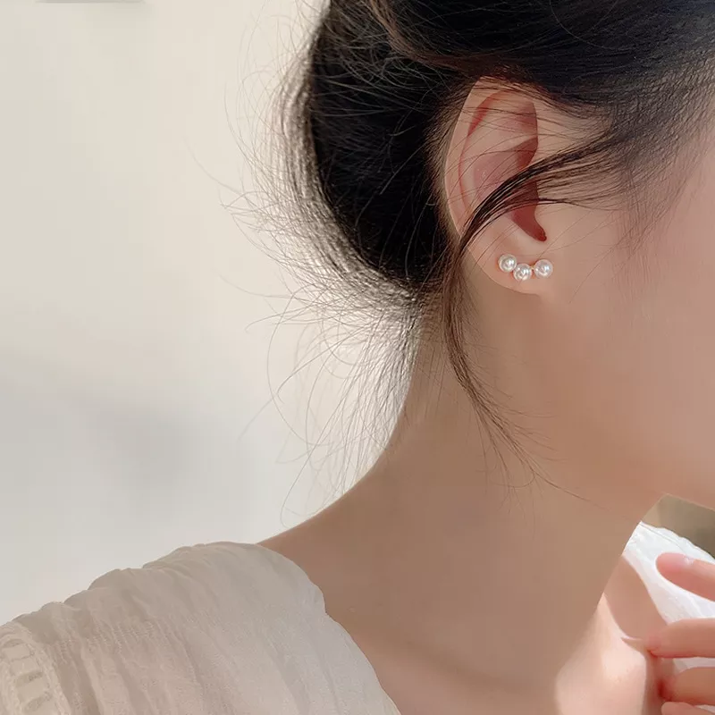 S925 Three Pearls Linear Stud Earrings
