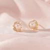 S925 Floral Zircon Shell Pearl Stud Earrings