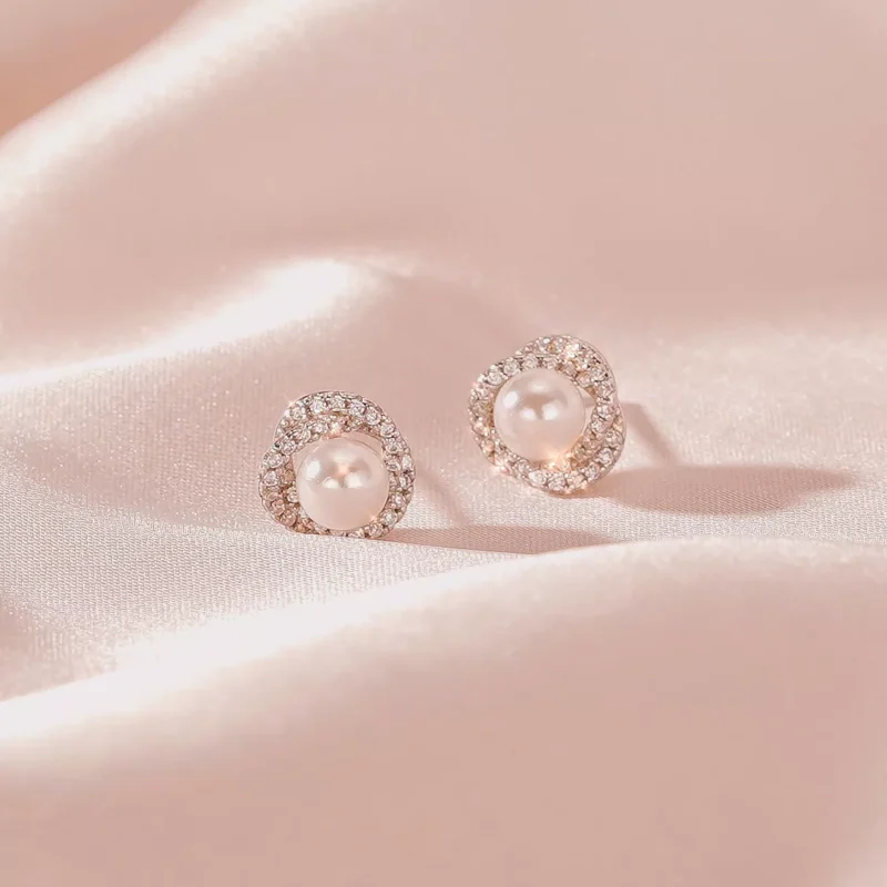S925 Floral Zircon Shell Pearl Stud Earrings
