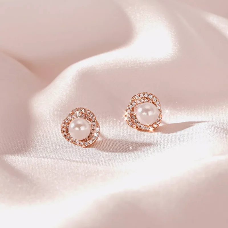 S925 Floral Zircon Shell Pearl Stud Earrings