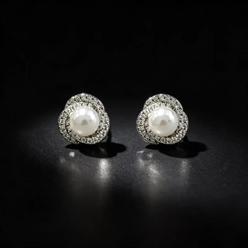 S925 Floral Zircon Shell Pearl Stud Earrings