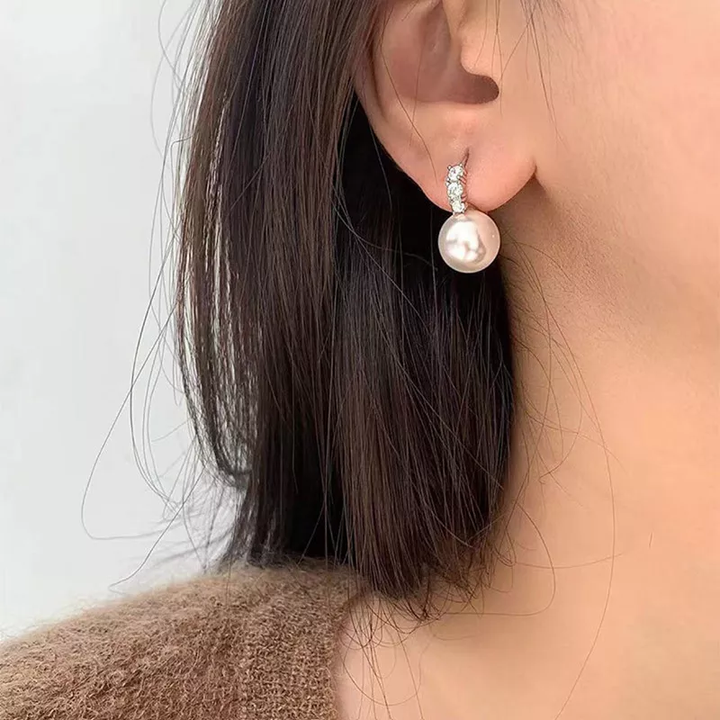 S925 Zircon Accent Shell Pearl Drop Hoop Earrings