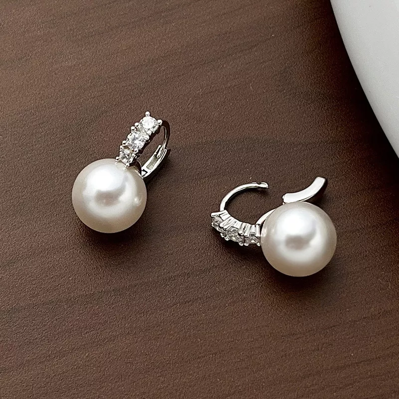 S925 Zircon Accent Shell Pearl Drop Hoop Earrings