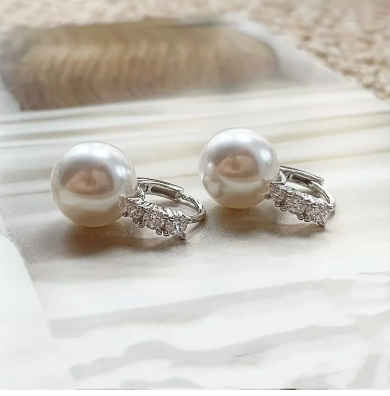 S925 Zircon Accent Shell Pearl Drop Hoop Earrings