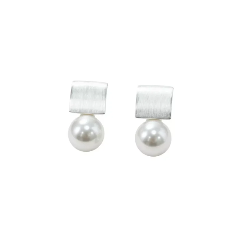 S925 Brushed Square Shell Pearl Drop Stud Earrings