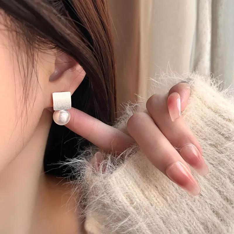 S925 Brushed Square Shell Pearl Drop Stud Earrings
