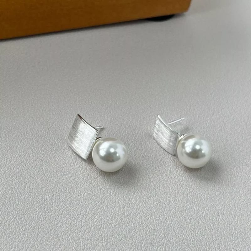 S925 Brushed Square Shell Pearl Drop Stud Earrings