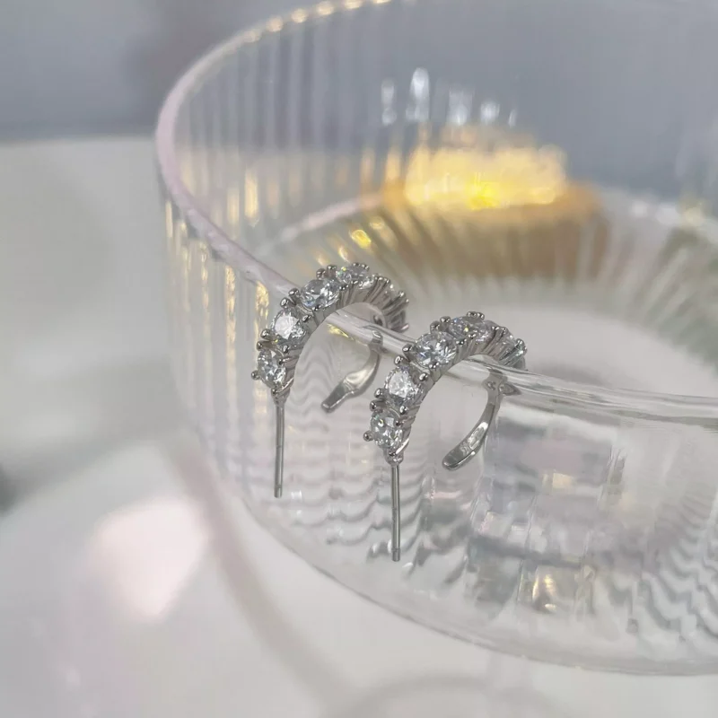 S925 Silver Curved Cubic Zirconia Huggie Earrings