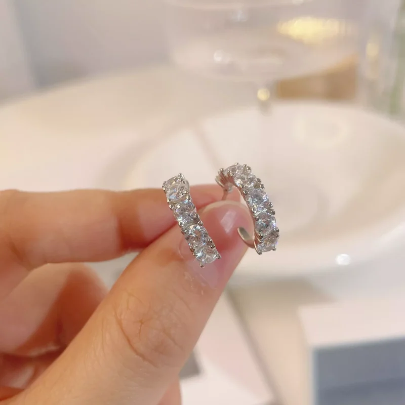 S925 Silver Curved Cubic Zirconia Huggie Earrings