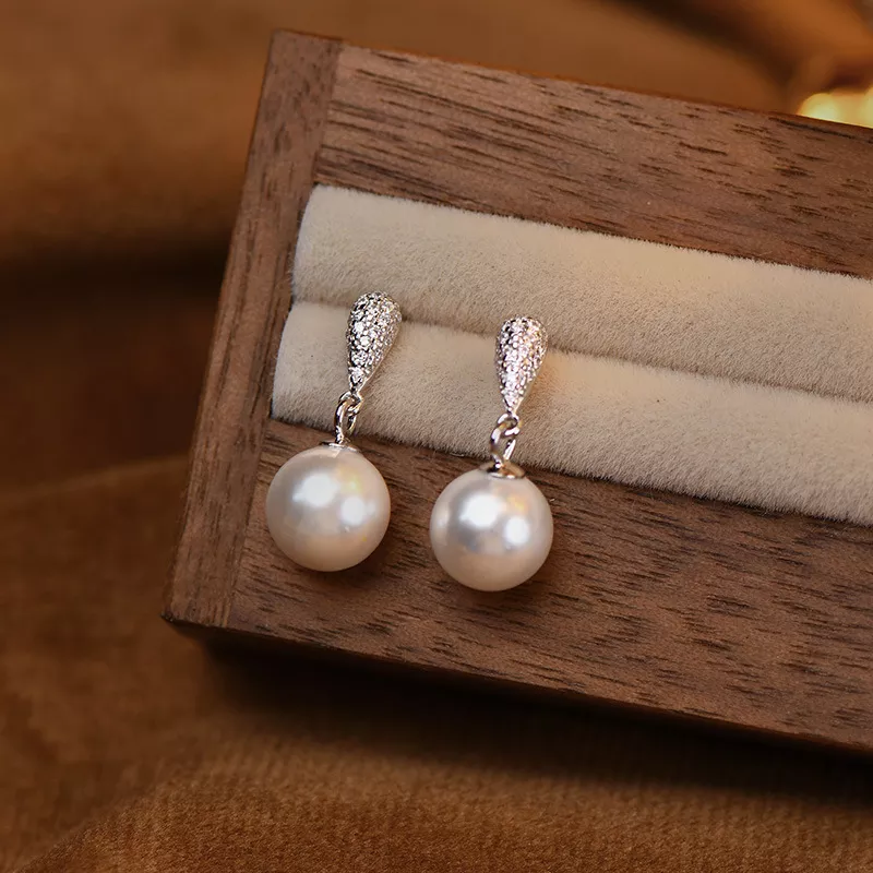 S925 Silver CZ Paved Shell Pearl Drop Earrings S925 Silver CZ Paved Shell Pearl Drop Earrings