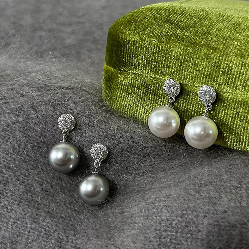 S925 Silver Paved CZ Glass‑Pearl Drop Earrings S925 Silver Paved CZ Glass‑Pearl Drop Earrings