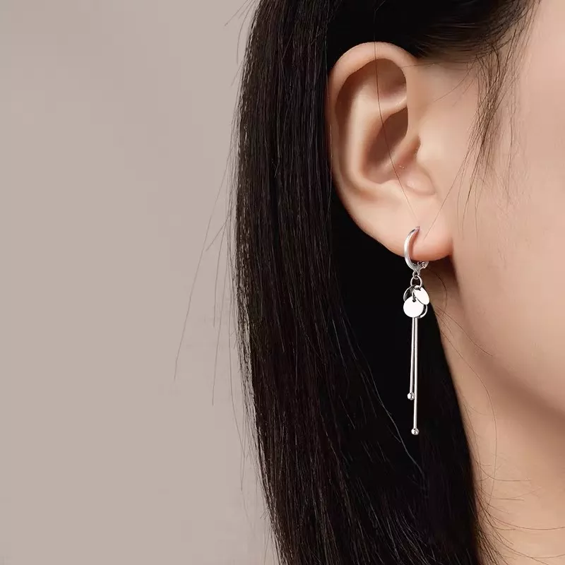 S925 Sterling Silver Disc Tassel Hoop Drop Earrings