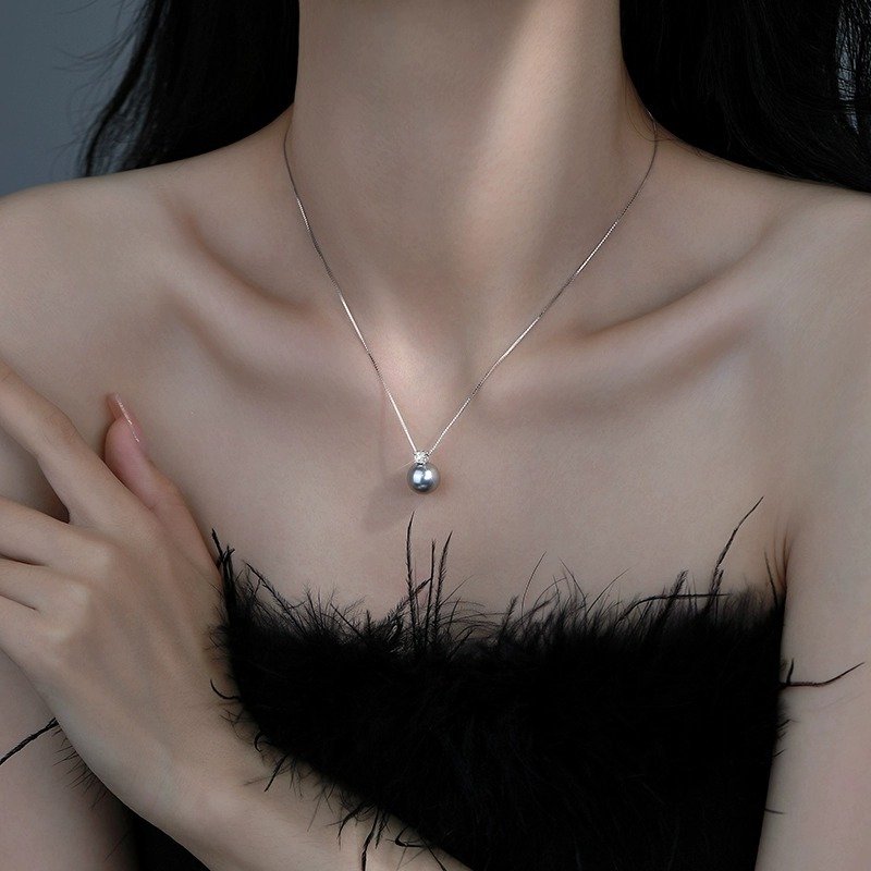 Fine Silver Simple Pearl Zircon Pendant Necklace for Women